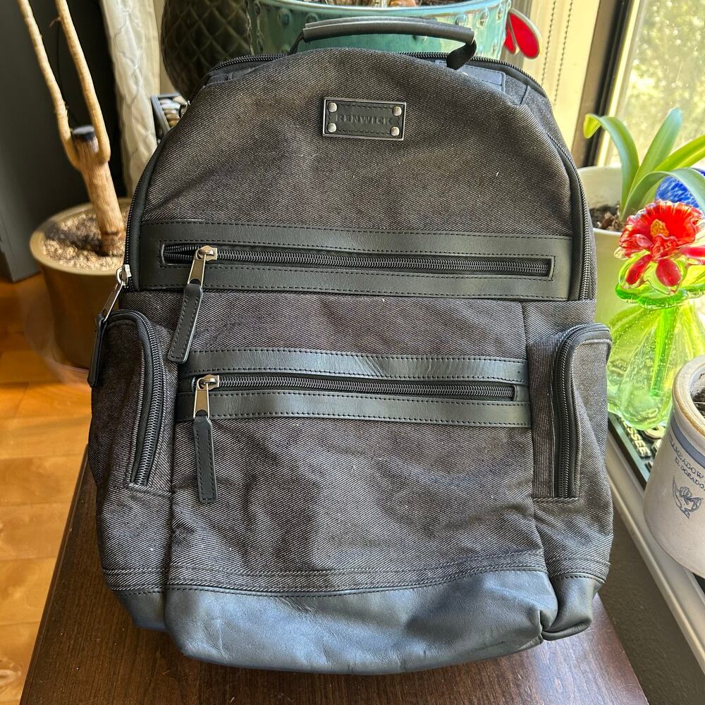 Renwick business backpack charcoal denim and leather trim